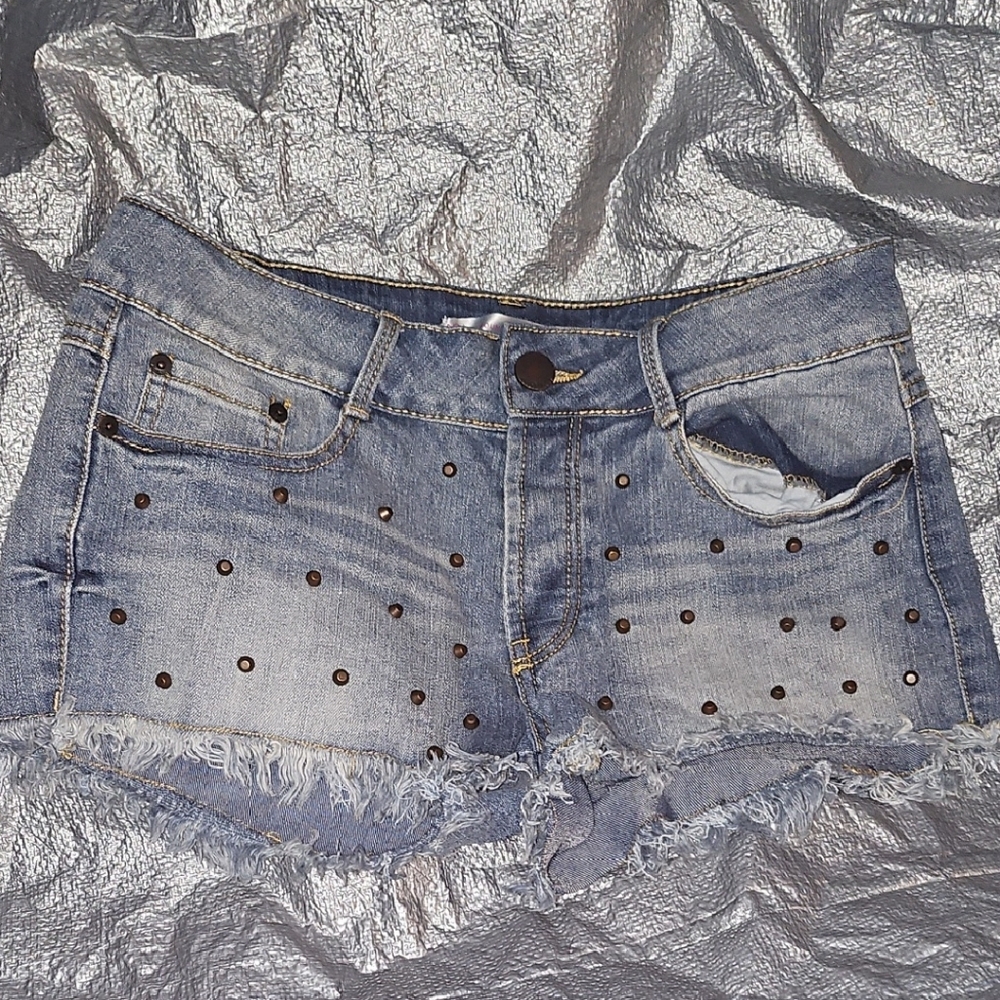 No Boundaries Blue Distressed Jean Shorts with Polka Dot Accents